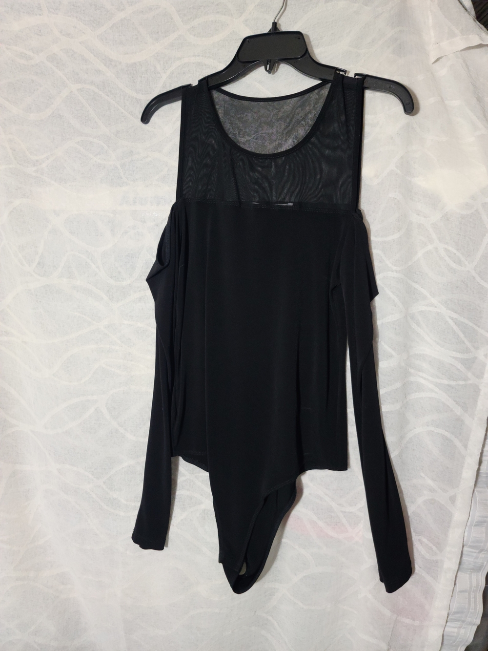 BCBGeneration Black Mesh-Yoke Cold Shoulder Bodysuit